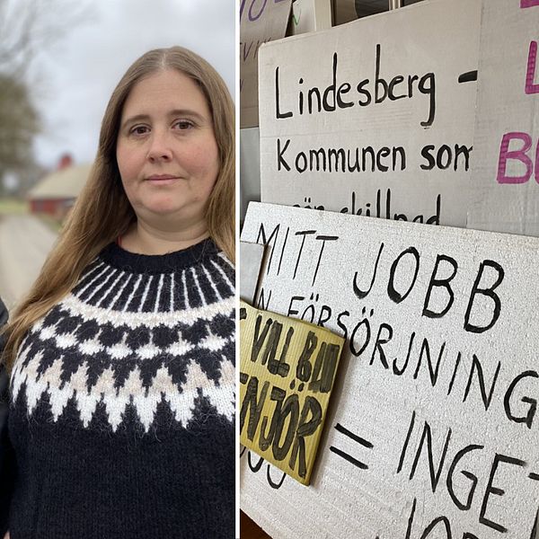 Linda Fintling och Stephanie Clarke, protesterande föräldrar i Finnåker. Plakat till demonstration mot bussnedläggning.