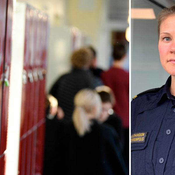 Till vänster en bild föreställande en skolkorridor med skåp och elever. Till höger en bild av kommunpolisen Elin Johansson.