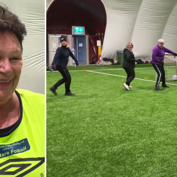 Bild på Elisabeth Davidsson och sekvens från den heta gåfotbollsmatchen i Piteå.