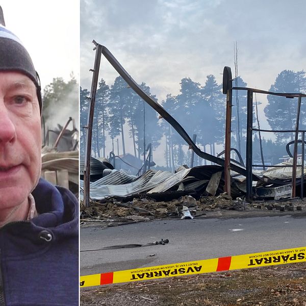 Delad bild – till vänster en man med en mörkgrå mössa med blå ränder, till höger en bild på en brandplats efter en brand i ett förråd.