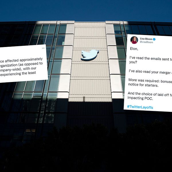 Bild på ett Twitterkontor i San Francisco, USA, med urklipp från Twitter ovanpå.