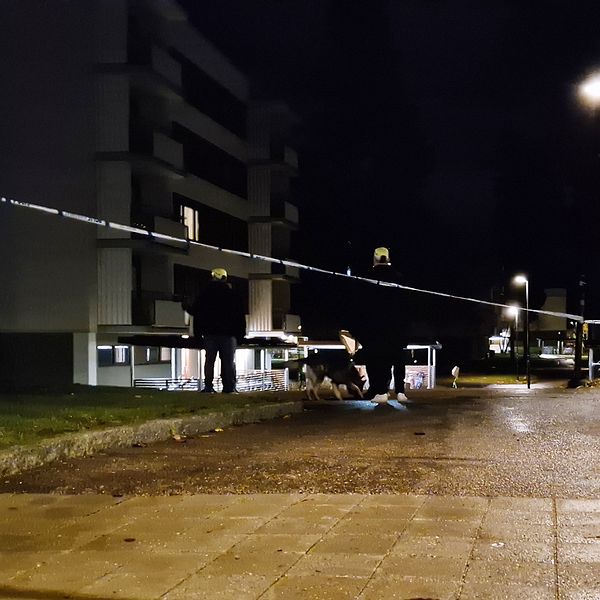 Polis på plats undersöker området i Gävle där en person hittades skadad under lördagskvällen.