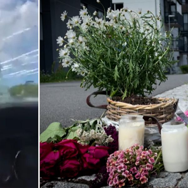 Tvådelad bild: Interiören på en bil sedd inifrån förarsätet med ratten och en krossad vindruta, samt blommor och ljus som ligger utmed Långströmsgatan i Göteborg.