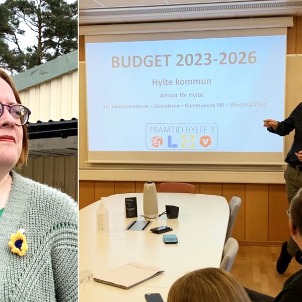 En delad bild på Anna Roos (C) och Framtid Hyltes presentation av sitt budgetförslag