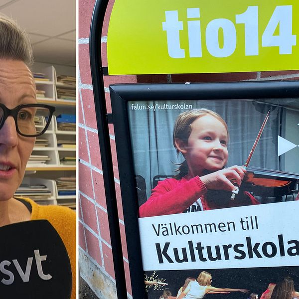 en kvinna med stora svarta glasögon, jobbar på Kulturskolan i Falun, och en bild även till höger där man ser en skylt på kulturhuset tio 14 i Falun.