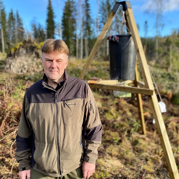 Jaktledaren Winnfried Preuss framför den nya åteln med majs som Fagersta kommun gett pengar till.