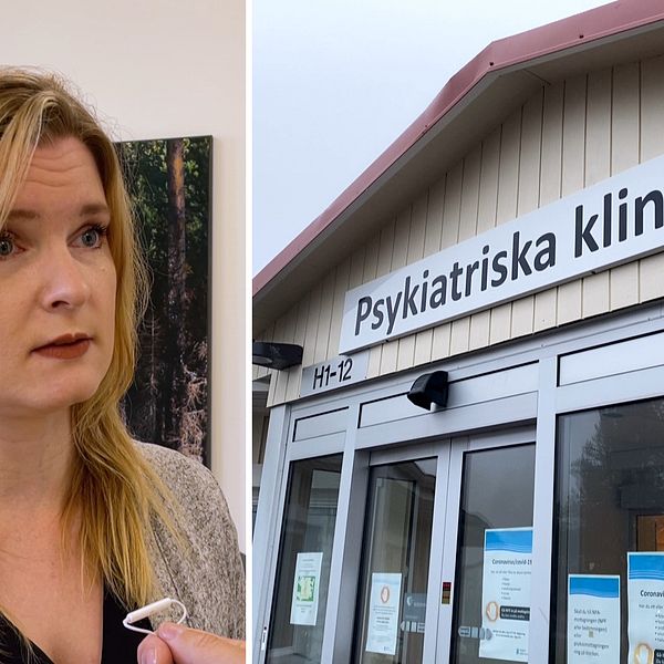 Porträtt på Elina Backlund Arab, ordförande i Hälso- och sjukvårdsnämnden samt en bild till entrén till psykiatriska kliniken i Sundsvall.