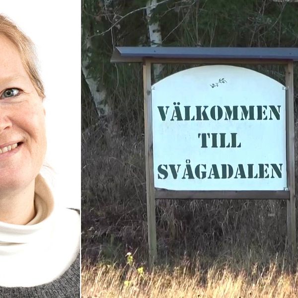 Tvådelad bild. Porträtt av Susanne Wallman Lundåsen i en polokrage. Bild på en skylt i ett skogsbryn med texten ”Välkommen till Svågadalen” i versaler.