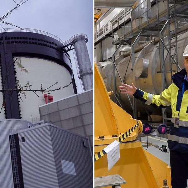 Yttre bild på kärnkraftverket Ringhals. delad bild med en man (Ringhals vd Björn Linde) inne i en turbinhall.