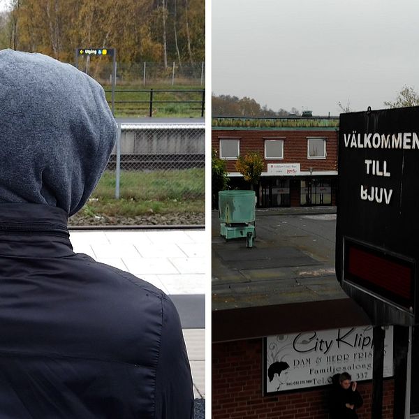 Tvådelad bild. Vänster: Person vid tågräls. Höger: Skylt ”Välkommen till Hby”.