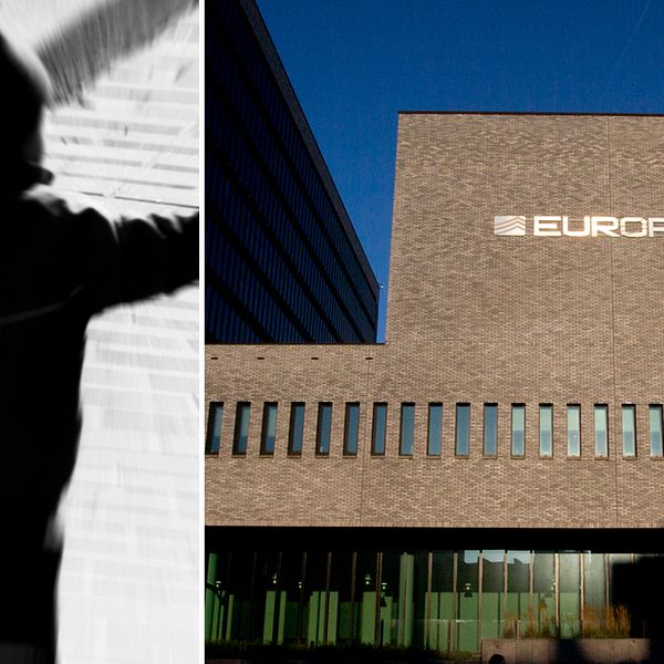 Bilden visaren anonym person samt Europols huvudkontor i Haag, Nederländerna.