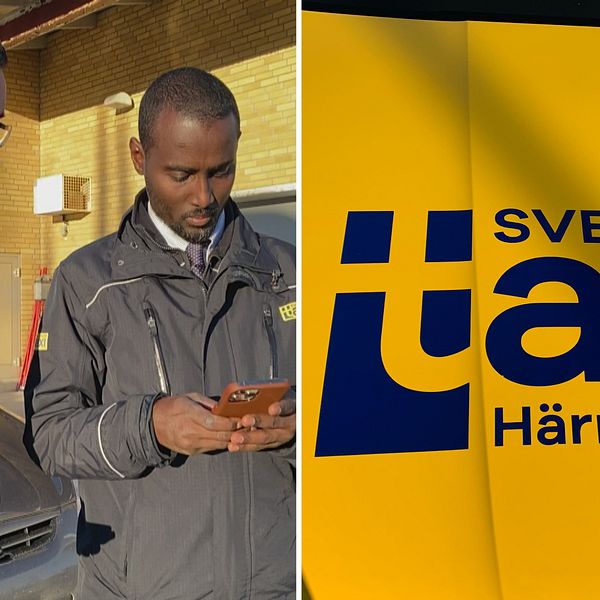 Montage: till vänster en bild på Mohamed Muse och Belgacem Mansour som står och håller på med telefonerna, i förda Sverige taxis arbetsjackor.