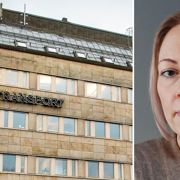 Montage: Bild på fasaden för Transports huvudkontor i Stockholm. Till höger en bild på Johanna Bergsten i kort hår.