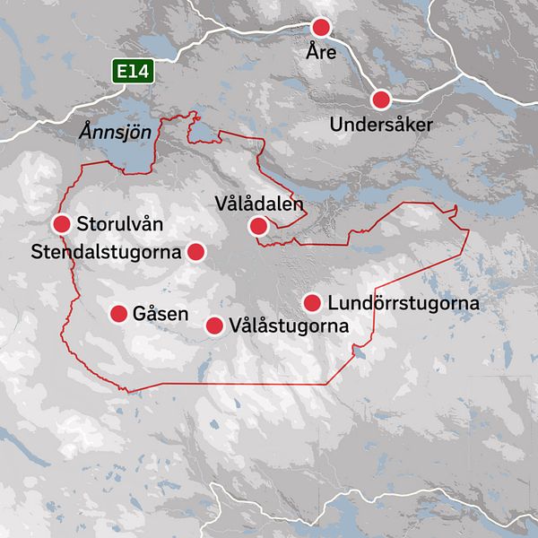 En karta över södra Årefjällen.
