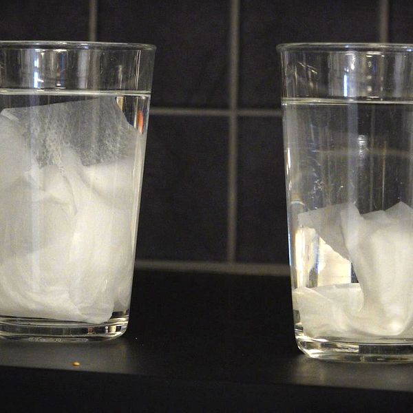 Två glas med vatten, det ena innehåller hushållspapper, det andra toapapper.
