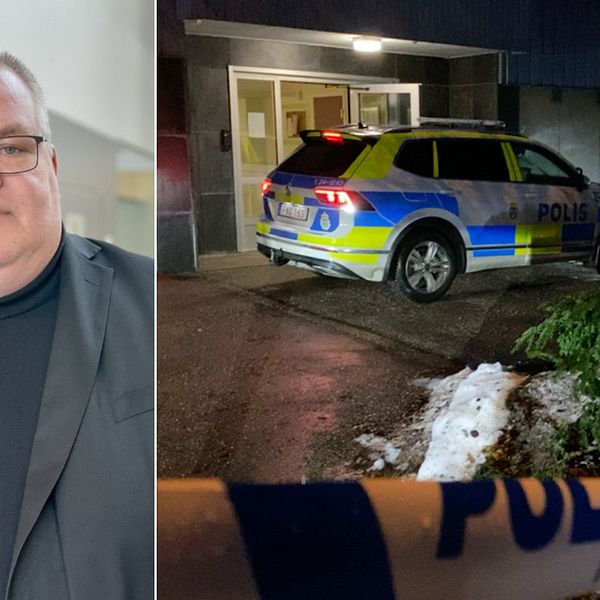 Åklagare Karl-Johan Norström, polisbil utanför explosionsdrabbat hus på Skiljebo i Västerås