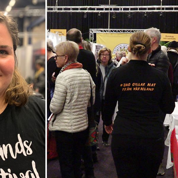 Bild på kvinna med svart t-shirt som står i en stor lokal. Kvinnan heter Frida Närman och är tf enhetschef kulturavdelningen på Region Värmland. Hon besöker Värmlands bokfestival, som arrangerats i Karlstad