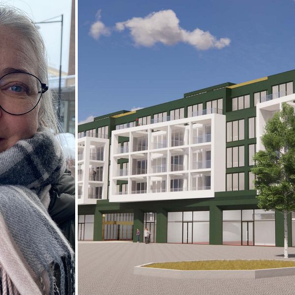 Bilden är delad i två. Den vänstra bilden är en bild på katrineholmaren Natalia Jansson. Den högra bilden är en illustration av ett hus som ska byggas på Stortorget i Katrineholm.