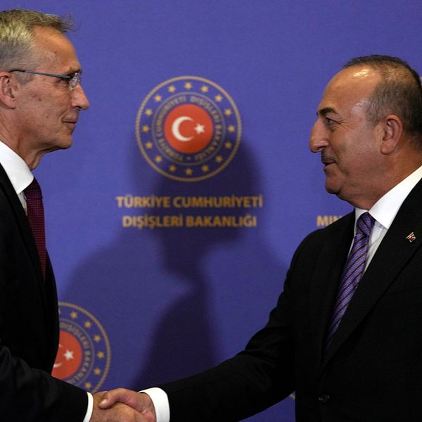 På bilden syns Natos generalsekreterare Jens Stoltenberg och Turkiets utrikesminister Mevlüt Cavusoglu skaka hand.