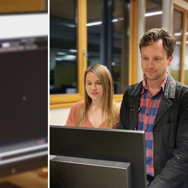 Forskarna Allison McMahan, doktorand och psykolog, Christoffer Rahm, chefsöverläkare och forskargruppsledare samt Johanna Lätth, doktorand och specialistpsykolog tittar på en skärm med chatt från darknet.