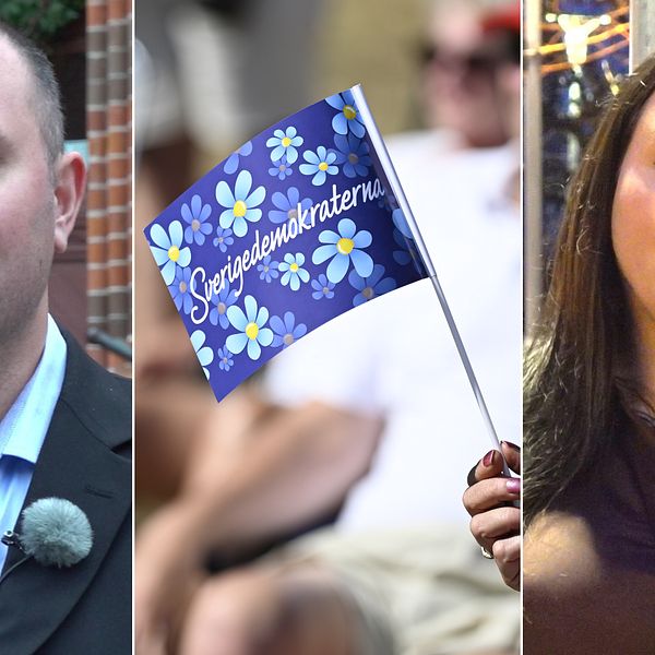 Två personer i porträtt. SD-flagga. PErsonerna är Sverigedemokraterna Andreas Havasi och Stina Isaksson som båda är politiskt aktiva i Halland. Där har SD bara plats i ett styre och det är i Varberg.