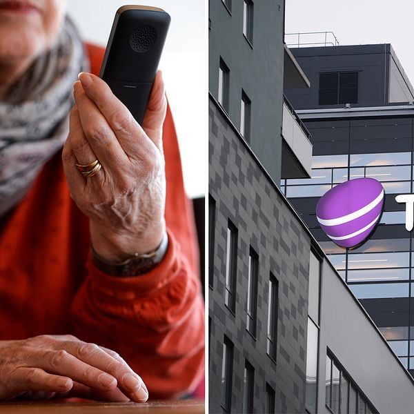 Två bilder. Till vänster en äldre kvinna som håller i en telefon. Till höger en exteriörbild på Telias huvudkontor.