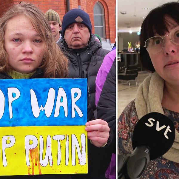 Till vänster: Ett barn står bland demonstranter och håller i en skylt med texten ”Stop War, Stop Putin”. Till höger: Lilia Eriksson, står inomhus och berättar i en SVT-mikrofon om hur hon behandlats av Sputnik i Luleå.