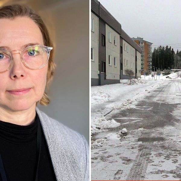 Montage: Till vänster ett porträtt på Karin Everitt i svart polotröja med en gråspräcklig kavaj ovanpå. Hon har transparenta glasögon och kort hår. till höger bilar på en parkering invid bostadshus vintertid