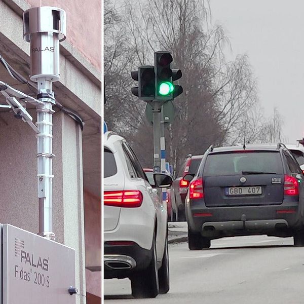 Luftkvalitén i Östersund är så dålig att åtgärder måste sättas in. På bilden syns en mätutrustning på en vägg, och bilar som kör på Rådhusgatan.