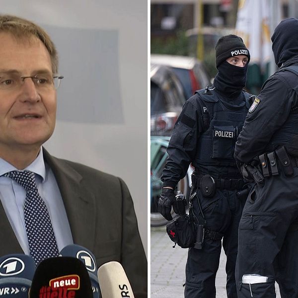 Pressträff om  tillslagen mot högerextremister i Tyskland samt en bild på poliser som deltog i insatsen.