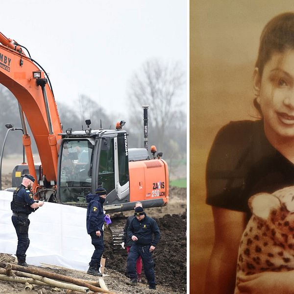 Grävmaskin och poliser vid Nordanå där kravlevorna hittades samt porträtt på Marua Ajouz till höger.