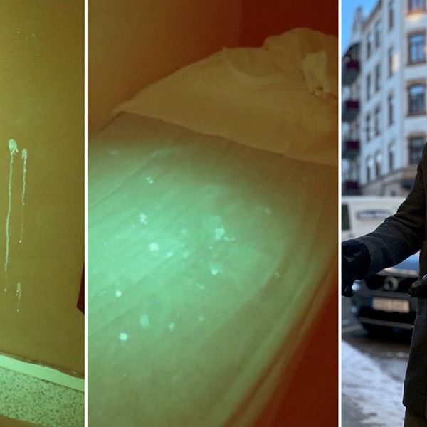 Polisens bilder visar på vitafläckar på en vägg och på en säng, delad bild med en man (kommissarie Peter Ljundahl).