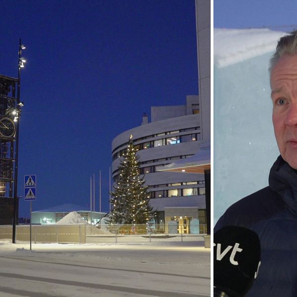 Till vänster: Bild tagen utanför Kirunas stadshus. Till höger: Bild på Mats Taaveniku som svarar på frågor inför eu-toppmötet i Kiruna.