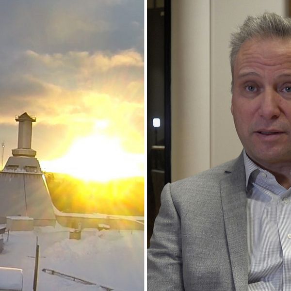 Till vänster: Bild på raket som lyfter från esrange. Till höger: Bild på Johan Bergstad, kommundirektör, som sitter inomhus iklädd en grå kavaj när han svarar på frågor om EU-mötet i Kiruna.