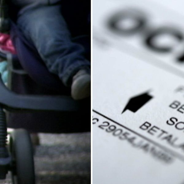 Bild på barn i barnvagn och en räkning. Kommuner och hjälporganisationer i Halland larmar om att fler hallänningar la på väg in i fattigdom.
