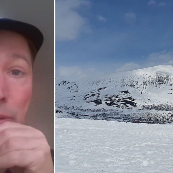 Naturvårdsverkets lavinexpert, Mattias Tarestad och vy över snöigt fjäll.