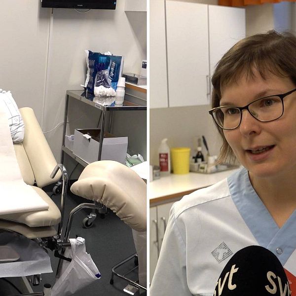 Dubbelbild med gynekologstol till vänster och gynekolog Sara Knip som intervjuas av SVT till höger. Hon har läkarkläder på sig. Hon jobbar på NUS. Hon är också processledare för gynekologisk cellprovskontroll i Region Västerbotten. Bilden är startbild till en artikel som handlar om cellprovtagning och HPV-analys.