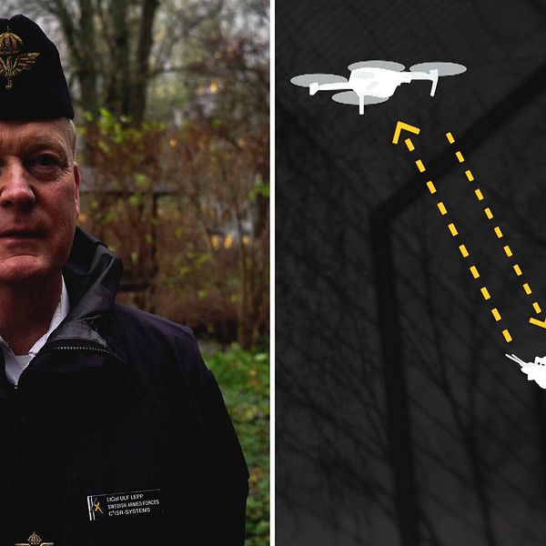 Ulf Lepp från Försvarsmakten bredvid en förklaringsbild på drönarflygning.