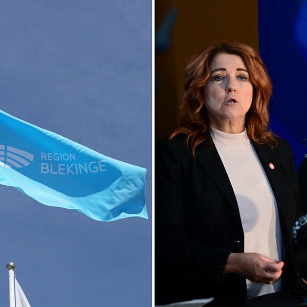 En flagga där det står Region Blekinge på och en bild på Sölvesborgspolitikerna Birgit Birgersson Brorsson (S) och Kith Mårtensson (M).