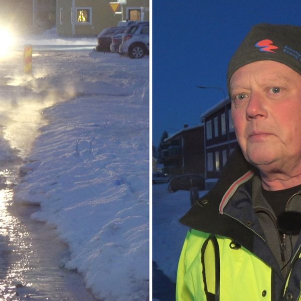 Bild på vattenläckan i Älvsbyn till vänster. Roger Viklund till höger.