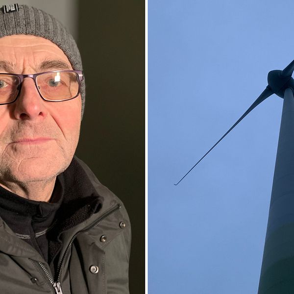 Bild på en man i mössa och glasögon och en bild på ett vindkraftverk. Mannen heter Per Claesson och är ordförande i  Mellsavind, Han pratar om skattepengarna som räddar kommunalt vindbolag i Örebro och Kumla kommuner.