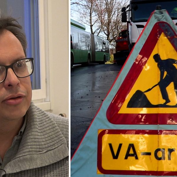 Magnus Bäckström till vänster. En varningsskylt på en gata där det står ”VA-ARBETE”.