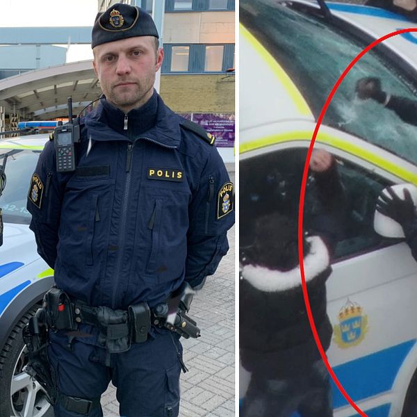 Delad bild. Vänster: två poliser i uniform utanför. Höger: person slår på polisbilens fönster.