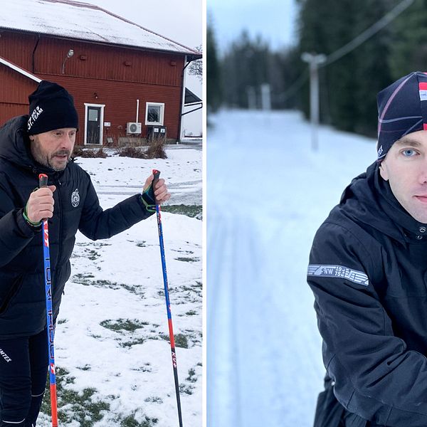 Till vänster Staffan Vilhelmsson som åker skidor där snön smält, till höger Johan Ångers som sitter vid ett snöigt skidspår.
