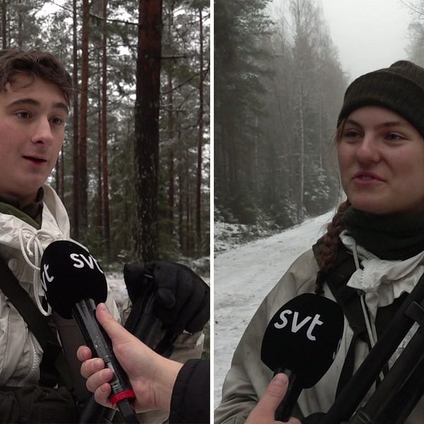 Tvådelad bild. Till vänster: person intervjuas i skog. Till höger: person med gevär i vinterlandskap.