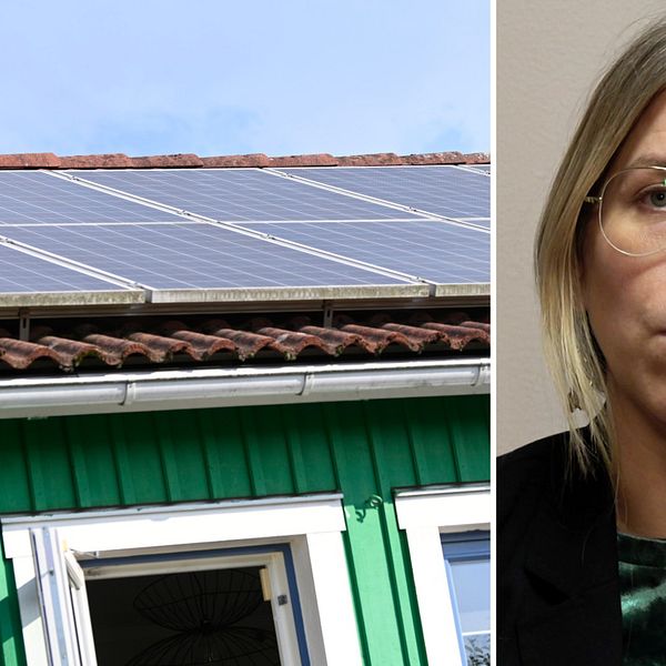 Bild på ett grönt trähus med solcellspanel på taket. Även bild på en ljushårig kvinna med glasögon. Hon heter Elin Larsson och är analytiker på Energimyndigheten i Eskilstuna. Hon berättar om varför de tycker att stöden för solceller skulle kunna fasas ut.