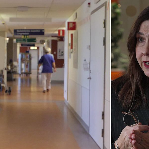 Bild på en sjukhuskorridor och en en bild på en kvinna. Kvinnan heter Eva Domanders och är ordförande för branschorganisationen Kompetensföretagen. Hon tycker till om hur farliga hyrläkare kan fortsätta jobba fem år efter SVT:s avslöjande.