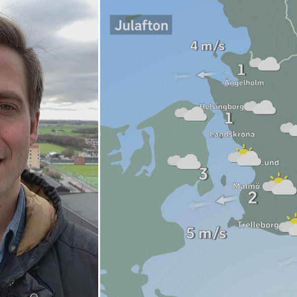 SVT:s meteorolog Nils Holmqvist vid en väderkarta för julaftonen
