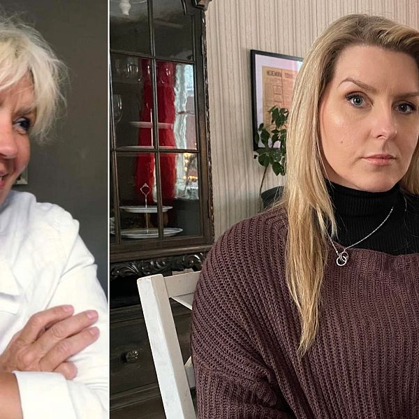 Splitbild. Till vänster en kvinna i 60års-åldern med ett stort leende och blont hår. Till höger en ung kvinna med ljust hår som allvarligt tittar in i kameran.