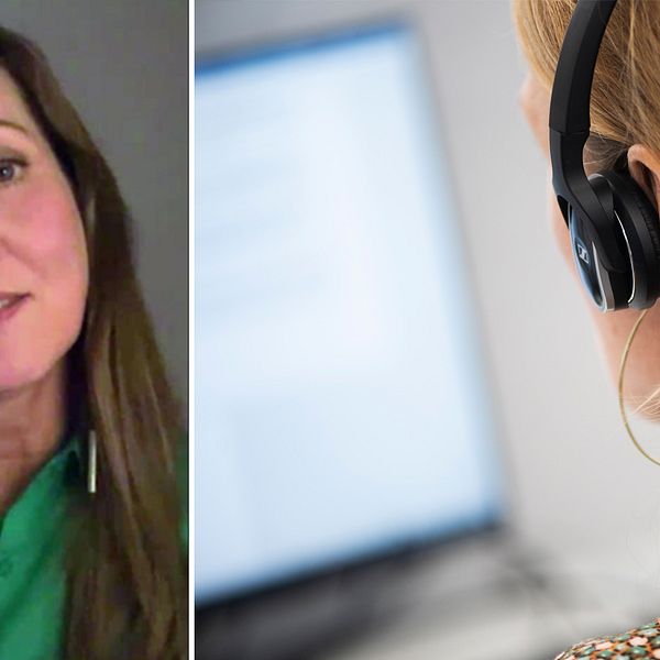 En bild på Karin Schulz, generalsekreterare på Mind. Till höger en bild på en kvinna som pratar i telefon.
